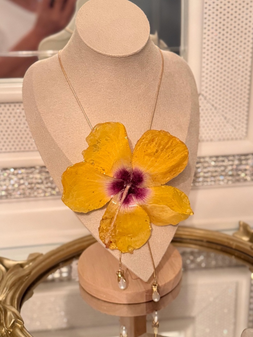 Gold Chain Necklace with Yellow Floral Pendant and Pearl Drops